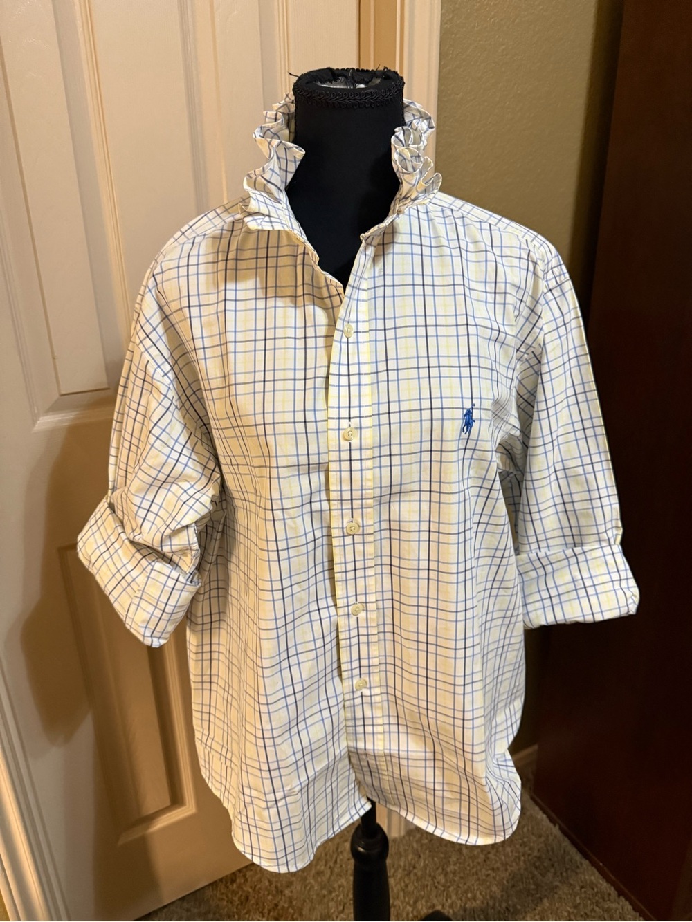 Upcycled Classic Ralph Lauren Blue and Yellow Plaid Button-Down Shirt L/XL - Picture 4 of 10